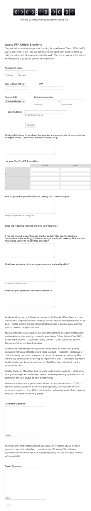 Wasco FFA Officer Elections Form Template