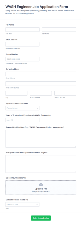 WASH Engineer Job Application Form Template