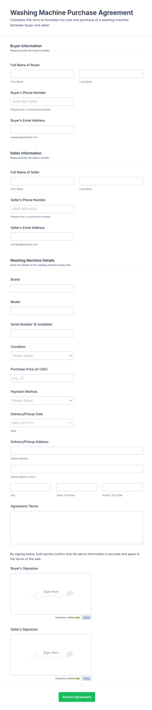 Washing Machine Purchase Agreement Form Template