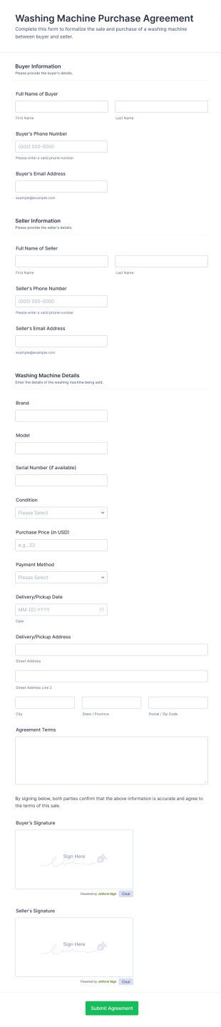 Washing Machine Purchase Agreement Form Template