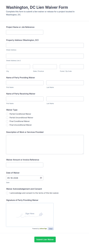 Washington, DC Lien Waiver Form Template