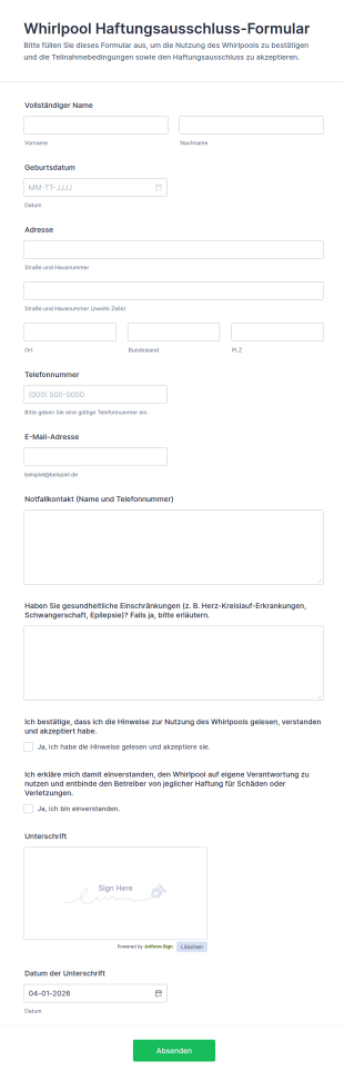 Wasser Whirlpool Verzichtserklärung Formular
