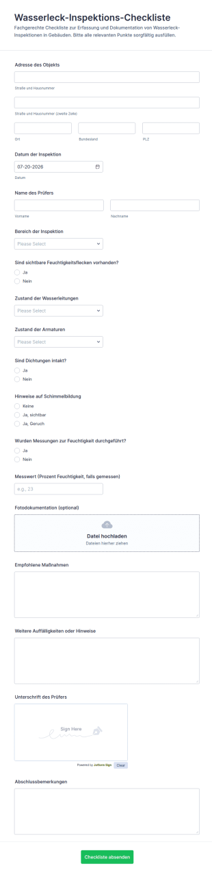Wasserleck Prüfprotokoll