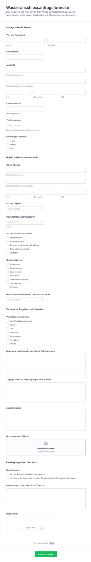 Wasserversorgungsantrag Formular