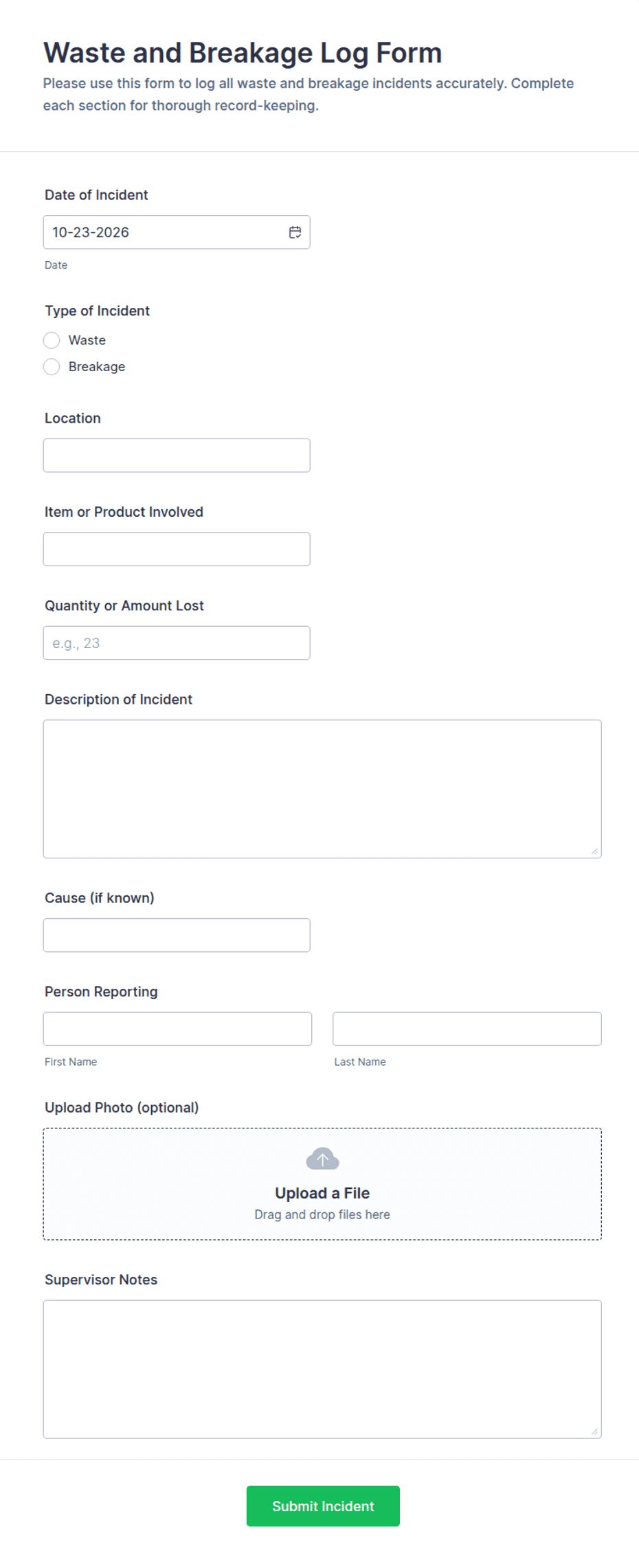Waste and Breakage Log Form Template | Jotform