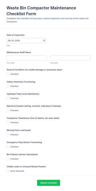 Waste Bin Compactor Maintenance Checklist Form Template