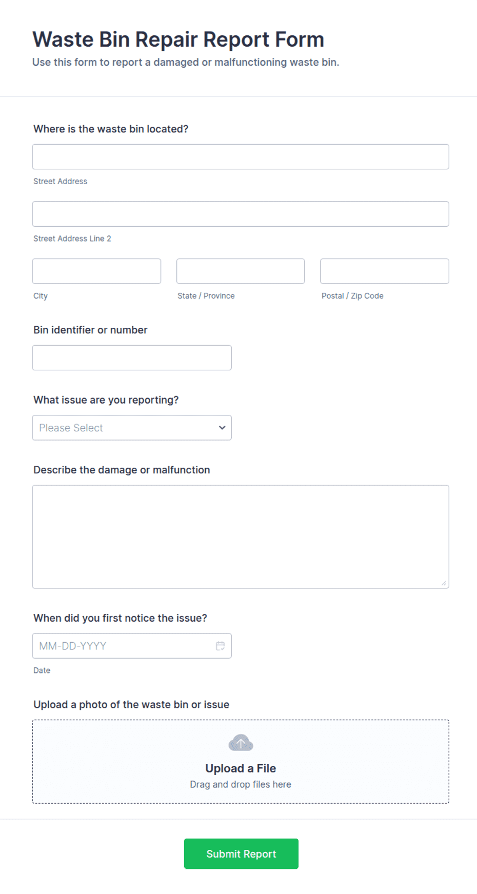 Waste Bin Repair Report Form Template | Jotform