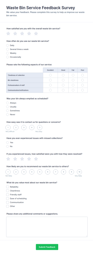 Waste Bin Service Feedback Survey Form Template