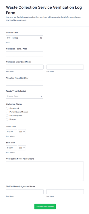 Waste Collection Service Verification Log Form Template