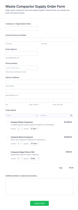 Waste Compactor Supply Order Form Template