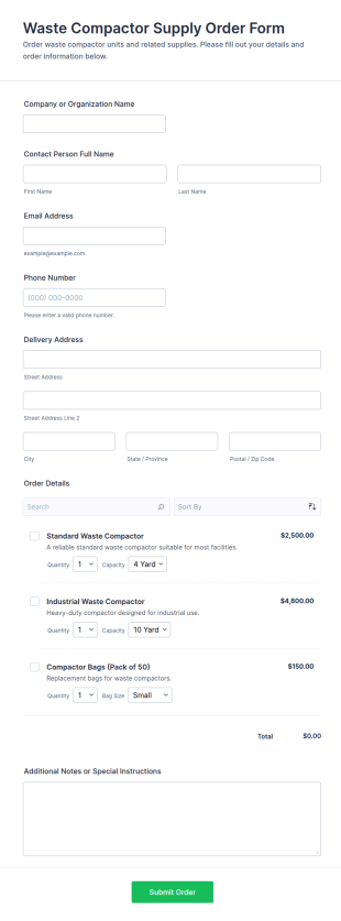 Waste Compactor Supply Order Form Template