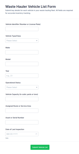 Waste Hauler Vehicle List Form Template