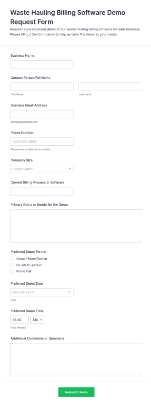 Waste Hauling Billing Software Demo Request Form Template