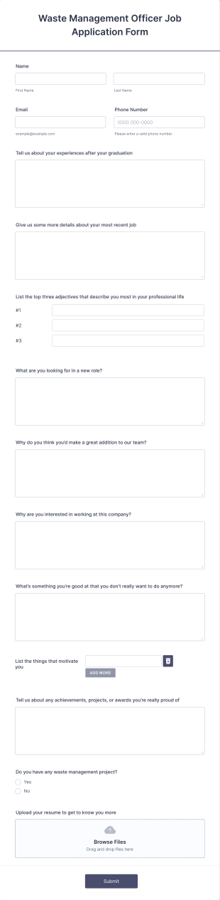 Waste Management Officer Job Application Form Template