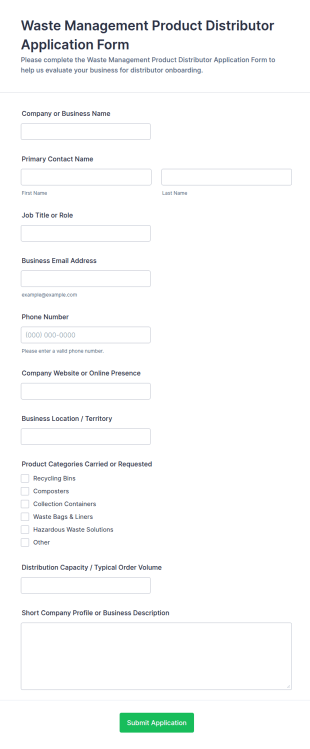 Waste Management Product Distributor Application Form Template