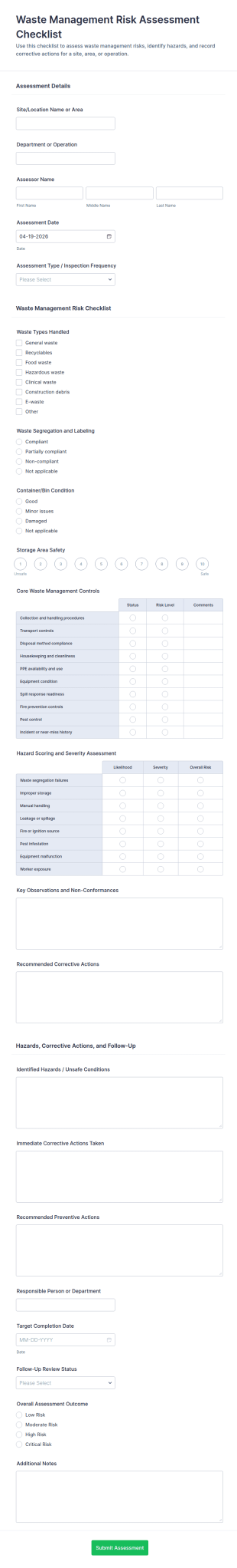 Waste Management Risk Assessment Checklist Form Template