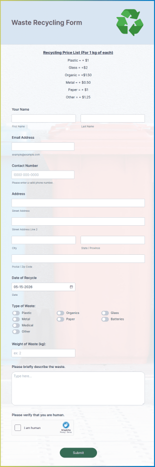 Waste Recycling Form Template