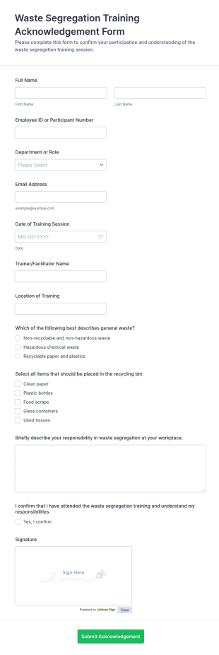 Waste Segregation Training Acknowledgement Form Template