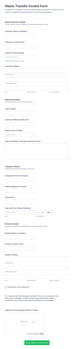 Waste Transfer Docket Form Template