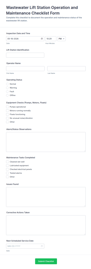 Wastewater Lift Station Operation And Maintenance Checklist Form Template