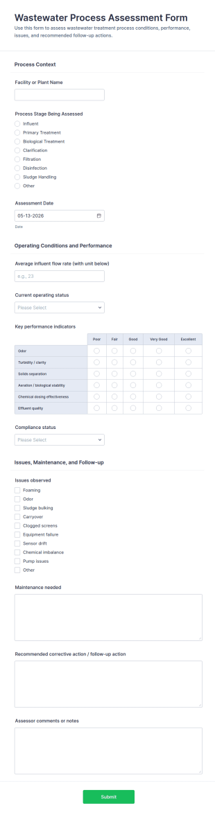 Wastewater Process Assessment Form Template