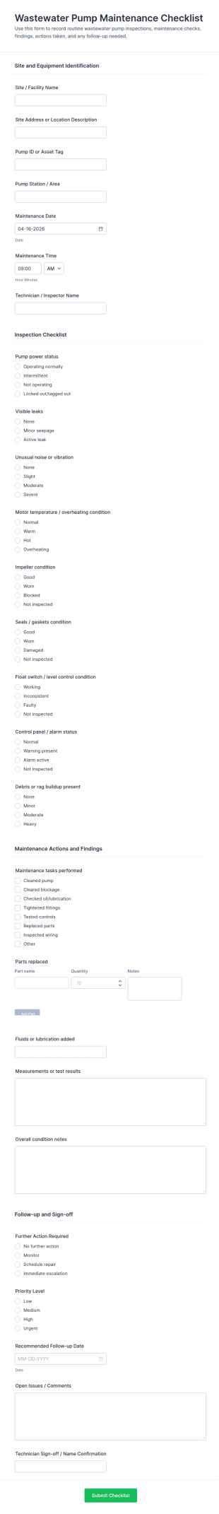 Wastewater Pump Maintenance Checklist Form Template