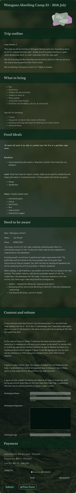 Watagans Abseiling Camp 25 26th July 2 Form Template