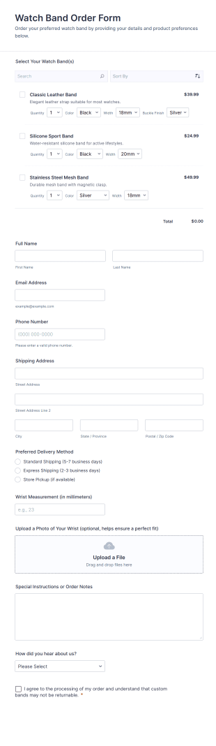 Watch Band Order Form Template