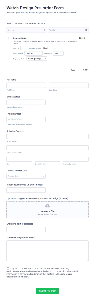 Watch Design Pre Order Form Template
