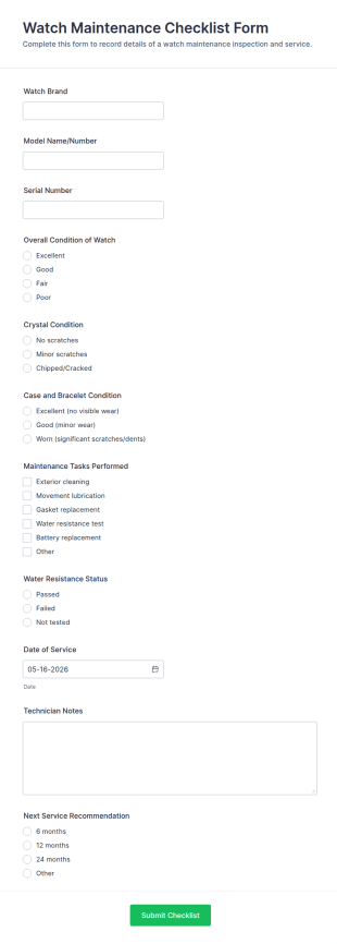 Watch Maintenance Checklist Form Template