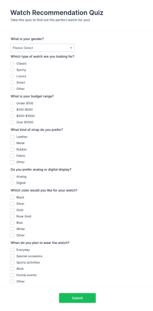Watch Recommendation Quiz Form Template