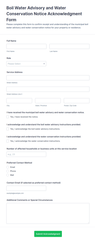 Water Advisory Acknowledgment And Conservation Notice Form Template