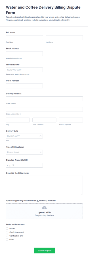 Water And Coffee Delivery Billing Dispute Form Template