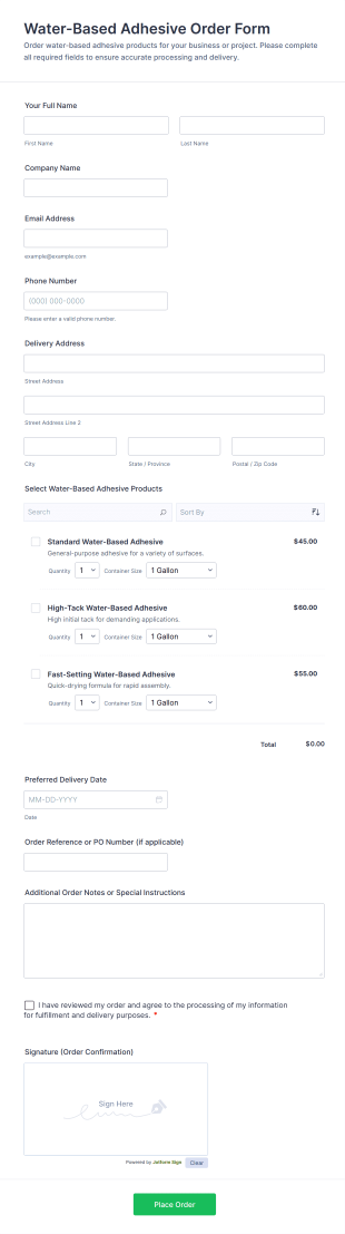 Water Based Adhesive Order Form Template