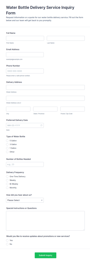 Water Bottle Delivery Service Inquiry Form Template
