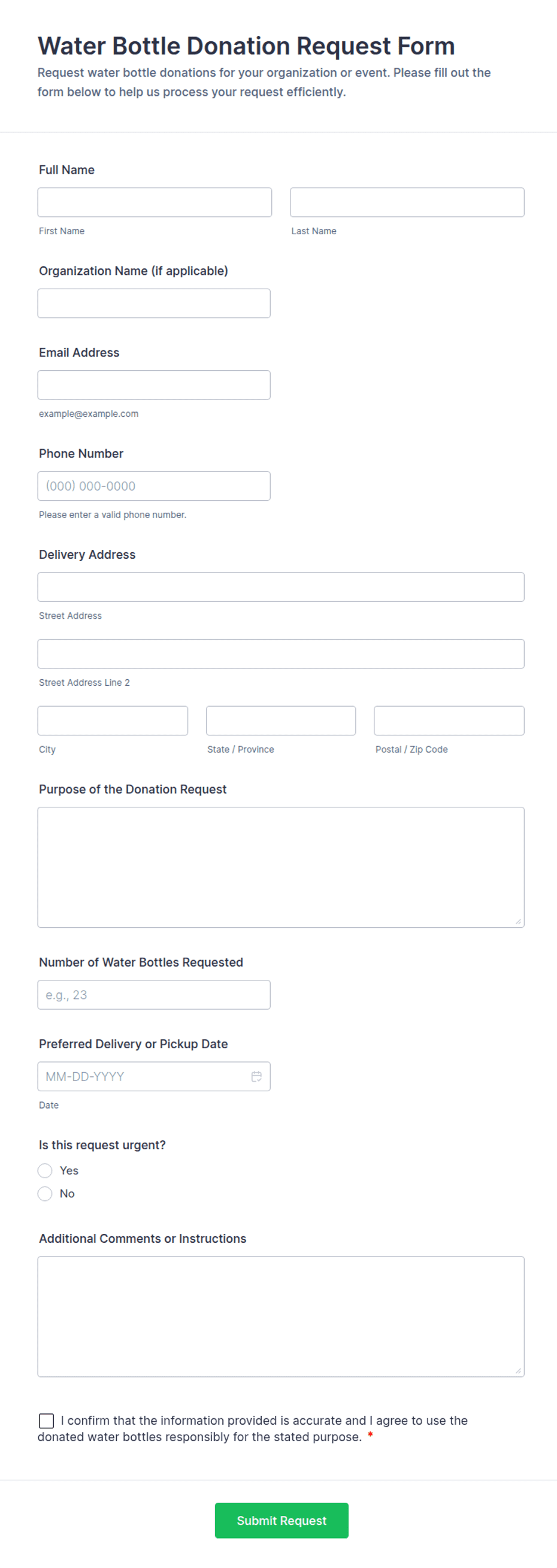Bottling Rework Form Water Bottle Donation Request Form Template | Jotform