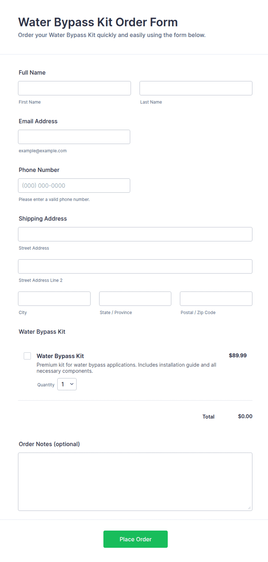 Water Bypass Kit Order Form Template | Jotform