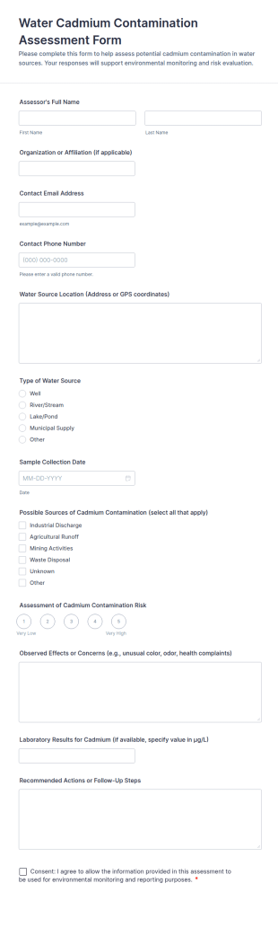 Water Cadmium Contamination Assessment Form Template