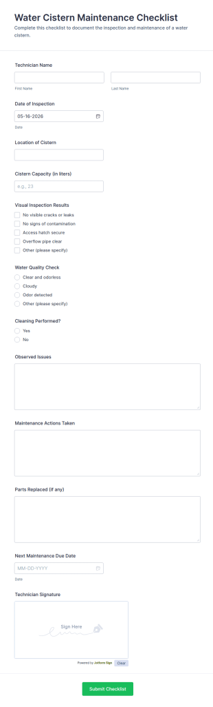 Water Cistern Maintenance Checklist Form Template