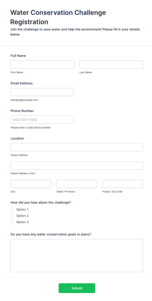 Water Conservation Challenge Registration Form Template