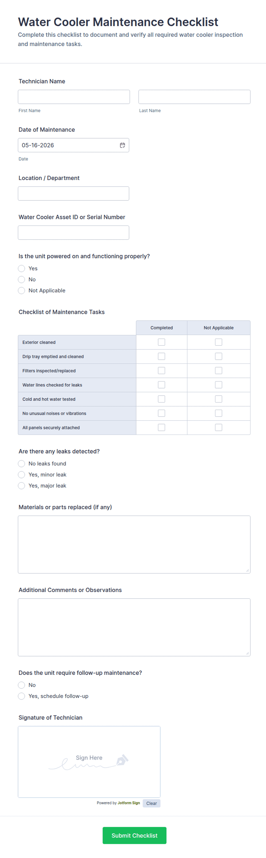 Whirlpool water dispenser maintenance schedule calendar checklist monthly tasks