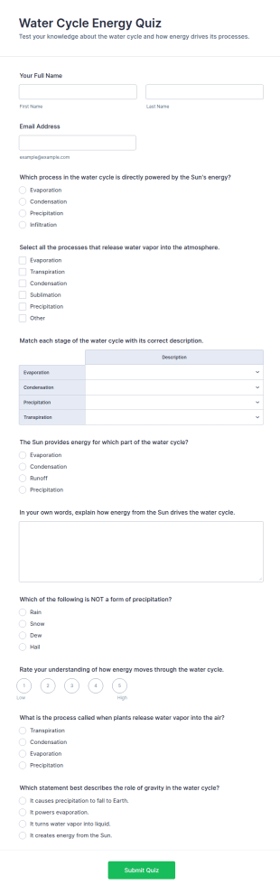 Water Cycle Energy Quiz Form Template