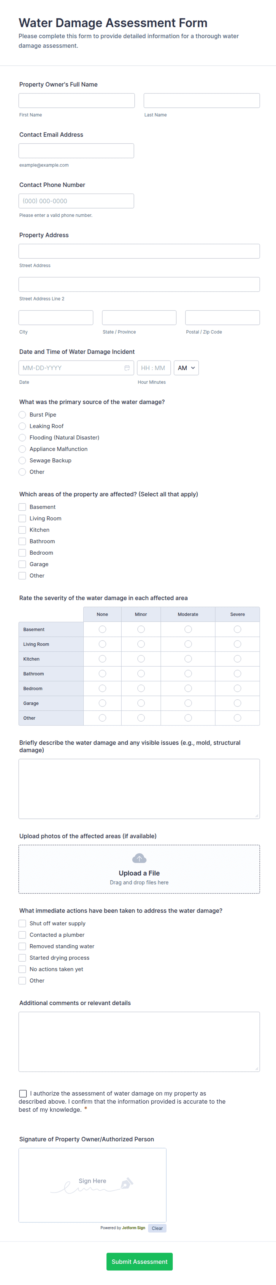 Water Damage Assessment Form Template | Jotform