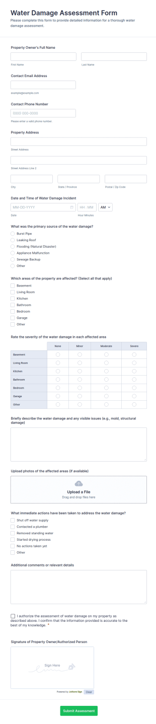Water Damage Assessment Form Template