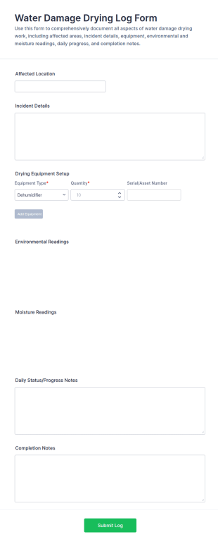 Water Damage Drying Log Form Template