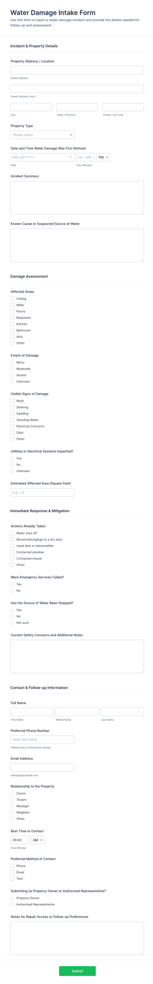 Water Damage Intake Form Template