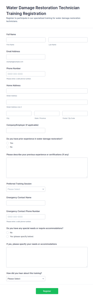 Water Damage Restoration Technician Training Registration Form Template