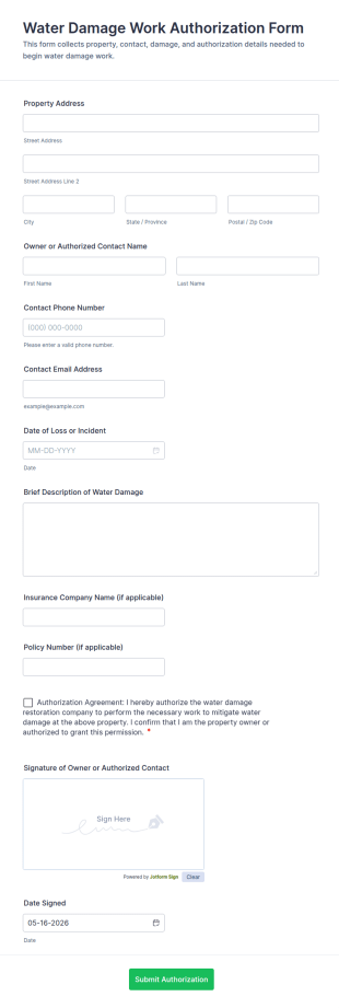 Water Damage Work Authorization Form Template