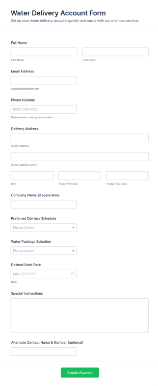 Water Delivery Account Form Template