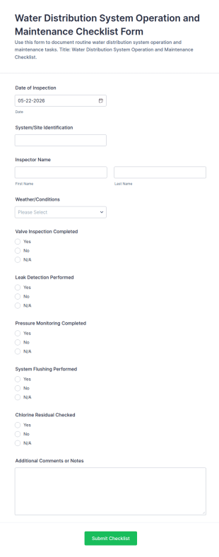 Water Distribution System Operation And Maintenance Checklist Form Template